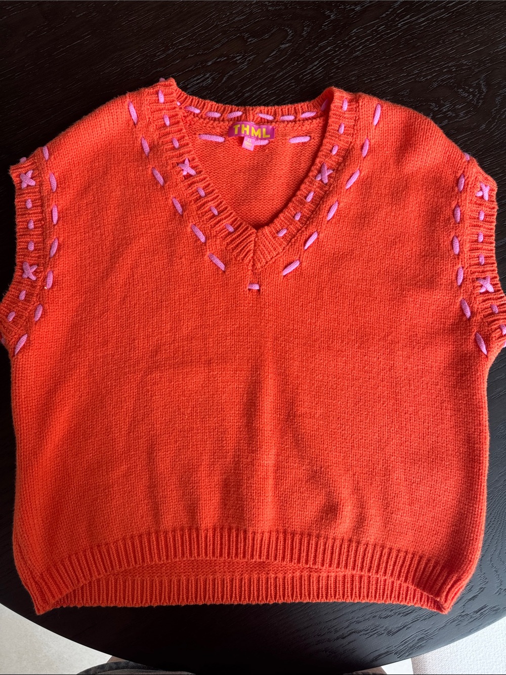 THML Orange V-Neck Sleeveless Sweater Vest with Pink Stitching